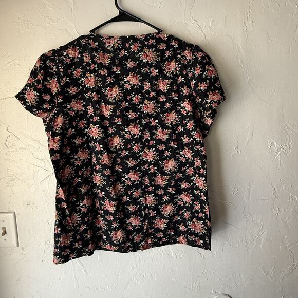 So-En Shirt Large Black Pink Floral Button Up Short Sleeve Japanese Peasant - Picture 7 of 7